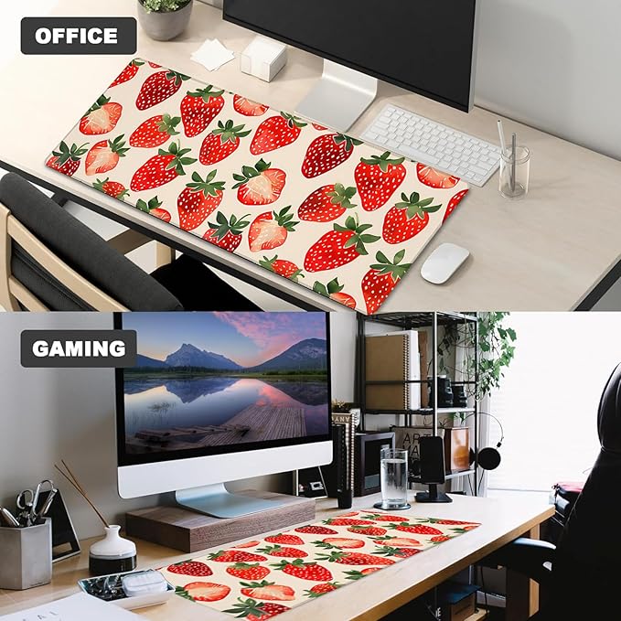 Cute Strawberry Gaming Mouse Pad – 12x31.5in Non-Slip Rubber Desk Mat with Fresh Fruit Design – Large Extended Mousepad for Office Home – Deskmat Gifts for Food Lovers Decor