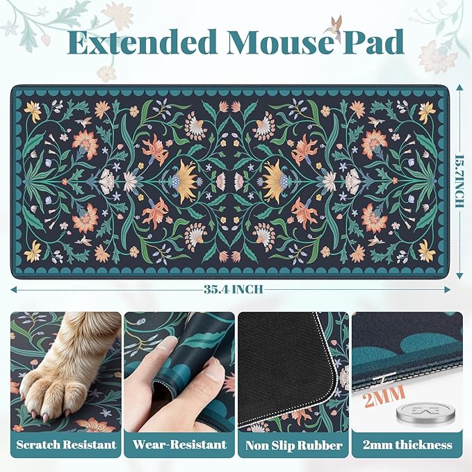 iLeadon Large Mouse Pad for Desk, Computer Cover Mat with Smooth Lycra Surface, Floral Desk Mat for Keyboard for Office, Home, Navy Blue