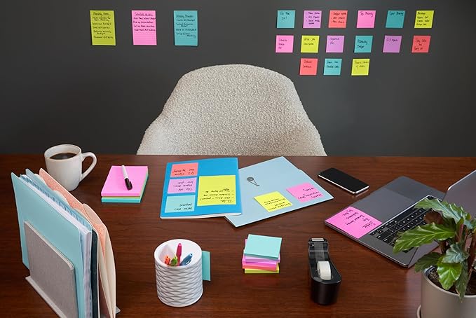 Post-it Super Sticky Notes,6 Lined Sticky Note Pads,4 x 4 in.,Ideal for Organization in Your Dorm,Home or Office,2X The Sticking Power,Supernova Neons Collection,(Pack of 12)