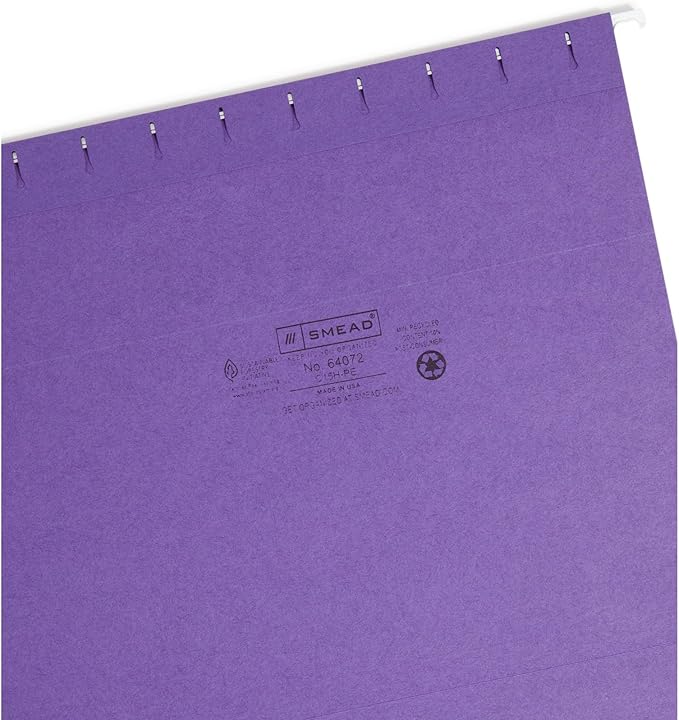 Smead Colored Hanging File Folder with Tab, 1/5-Cut Adjustable Tab, Letter Size, Purple, 25 per Box (64072) (Pack of 1)