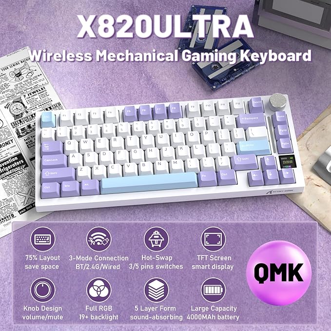 A.JAZZ Attack Shark X820Ultra 75% Wireless Mechanical Gaming Keyboard and Coiled Cable Hot Swappable 2.4GHz/Bluetooth/Wired Keyboard with Screen & Knob RGB Backlit Gasket Mount Gift Switch-Starwhite