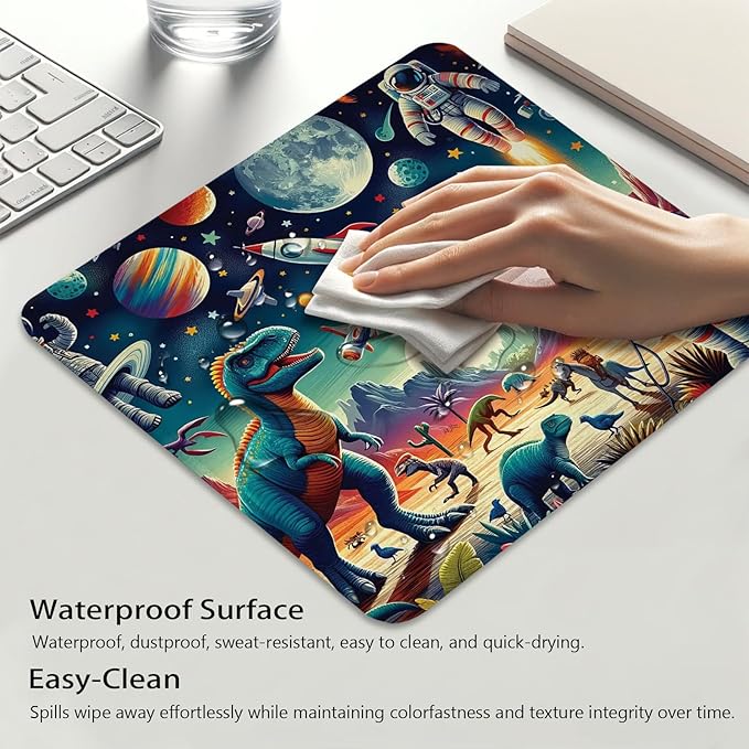 Outer Space Anti-Slip Gaming & Office Mouse Pad with Stitched Edges 9.5 x 7.9 Inch, Surreal Design of Rockets Dinosaurs Planets and Astronaut Characters Durable Smooth Surface Desk Mat