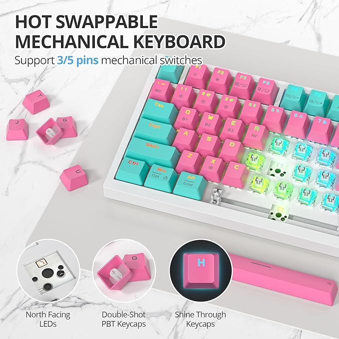 75% Wireless Creamy Mechanical Keyboard, Hot Swappable Custom, RGB Backlit Gasket Gaming, 2.4G/BT5.0/USB-C, Pink Mechanical Keyboard, Pre-lubed Linear Gray Cream Switches
