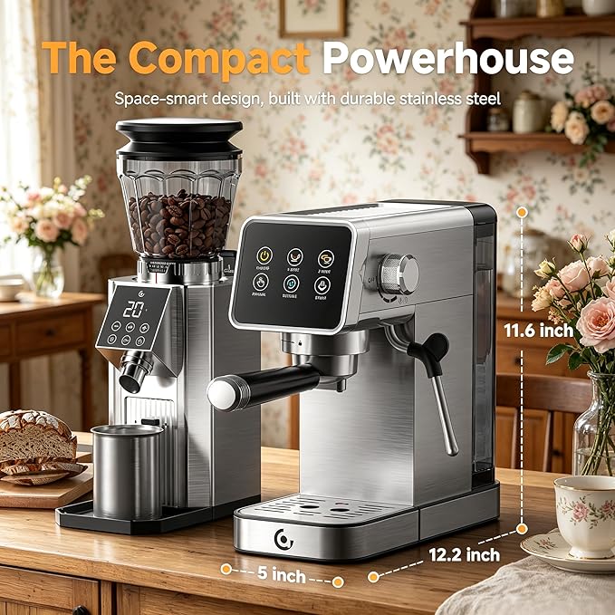 AMZCHEF Espresso Machine 20 Bar, Easy-to-Use Compact Coffee Maker with LED Touchscreen, Self-Cleaning & Milk Frother, Perfect Coffee Starter for Beginners, Lattes and Cappuccinos Machine