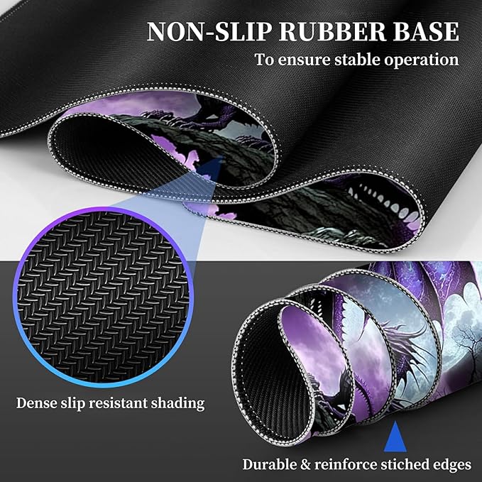 Large Gaming Mouse Pad, Purple Arcient Dragon Desk Pad, Big Extended Keyboard Mouse Mat with Stitched Edge for Laptop Computer Game Office Home Desk Decor with Coaster ﻿