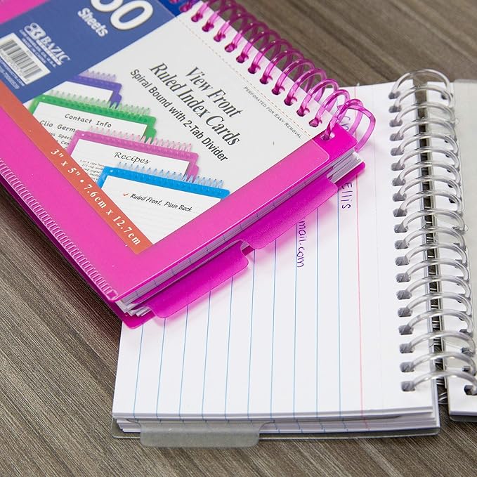 BAZIC Products Ruled Index Cards Book 3" X 5", View Poly Cover Spiral Bound Memo w/ 2 Tab Divider, White Flashcards, Lined Card for Memory (50/Pack), 1 Unit, Random Color