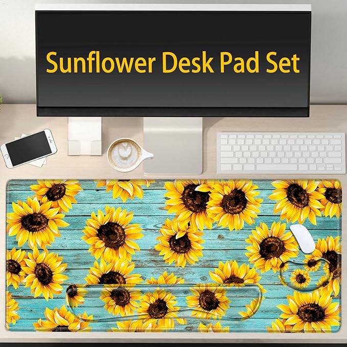 Gaming Mouse Pad Sunflower Desk Mat Large Mousepad and Keyborad Wrist Support Computer Mat for Wrist Rest XXL Desk Pad 3 in 1 Mouse Mat Non-Slip Rubber Base