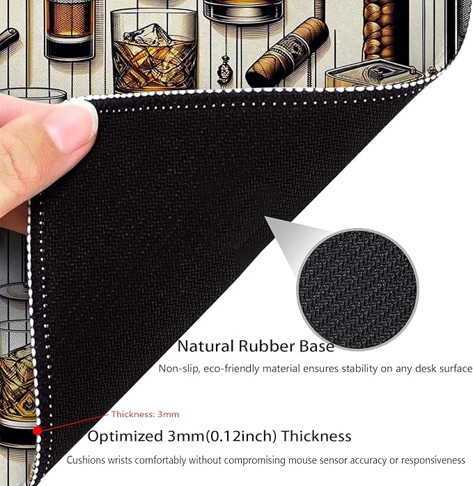 Man Cave Anti-Slip Gaming & Office Mouse Pad with Stitched Edges 9.5 x 7.9 Inch, Masculine Design with Iced Whiskey Watches Cigar Retro Photo Camera Durable Smooth Surface Desk Mat