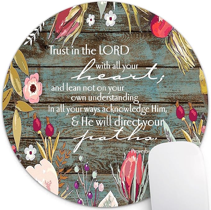 Motivational Round Mouse Pad Christian Bible Verses Scripture Quote Proverbs 3:5, Trust in The Lord with All Your Heart Vintage Floral Rustic Wood Inspirational Circular Desk Mat