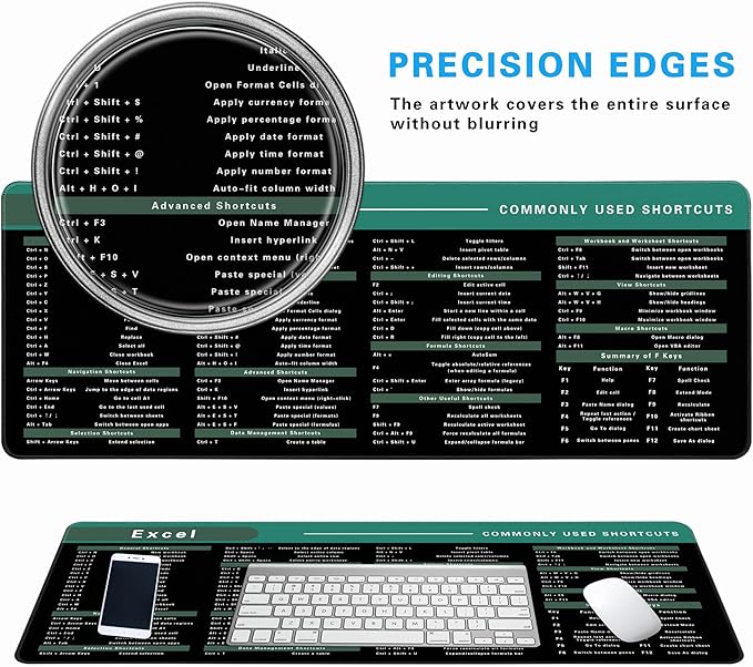 Excel Cheat Sheet Desk Pad, 31.5"x11.8", Waterproof Extra Large Excel Shortcut Mat with Stitched Edges, Anti-Slip Excel Mouse Pad for Office Desk, MS Excel/Word Shortcuts (Green Excel D)