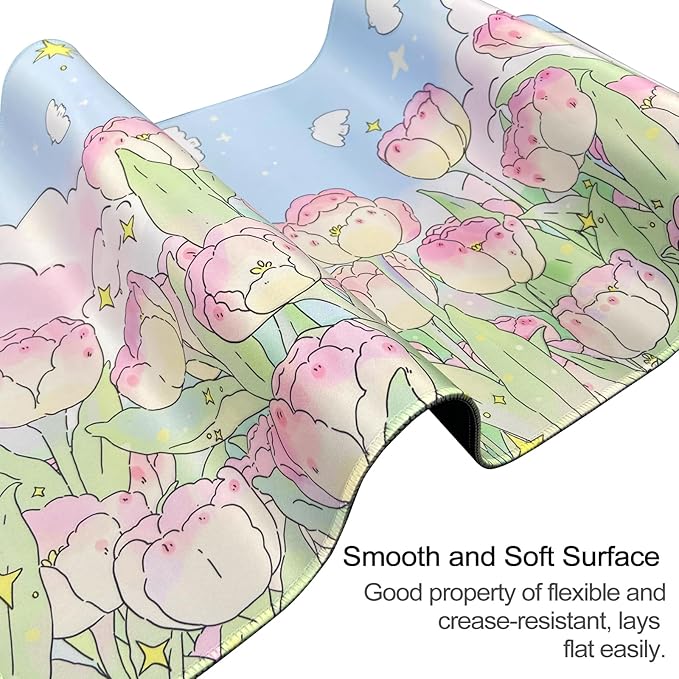 Extended Large Gaming Mouse Pads Mat 35.4"x15.7"x0.12"(3mm Thick), Oversized Office Desk Mat with Stitched Edges (Cute Tulips)