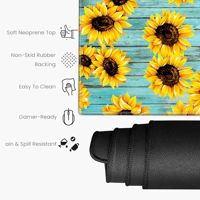 Gaming Mouse Pad Sunflower Desk Mat Large Mousepad and Keyborad Wrist Support Computer Mat for Wrist Rest XXL Desk Pad 3 in 1 Mouse Mat Non-Slip Rubber Base