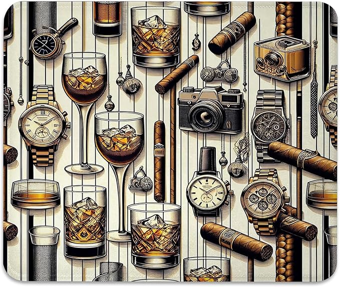 Man Cave Anti-Slip Gaming & Office Mouse Pad with Stitched Edges 9.5 x 7.9 Inch, Masculine Design with Iced Whiskey Watches Cigar Retro Photo Camera Durable Smooth Surface Desk Mat