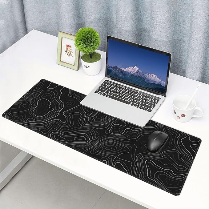 Topographic Map Minimalist Gaming Mouse Pad Desk Mat XL 31.5×11.8 Inch Black Lines Contour Geographic Extended Mousepad 30X80cm with Non-Slip Rubber Base Stitched Edge for Gamer Office Home Work