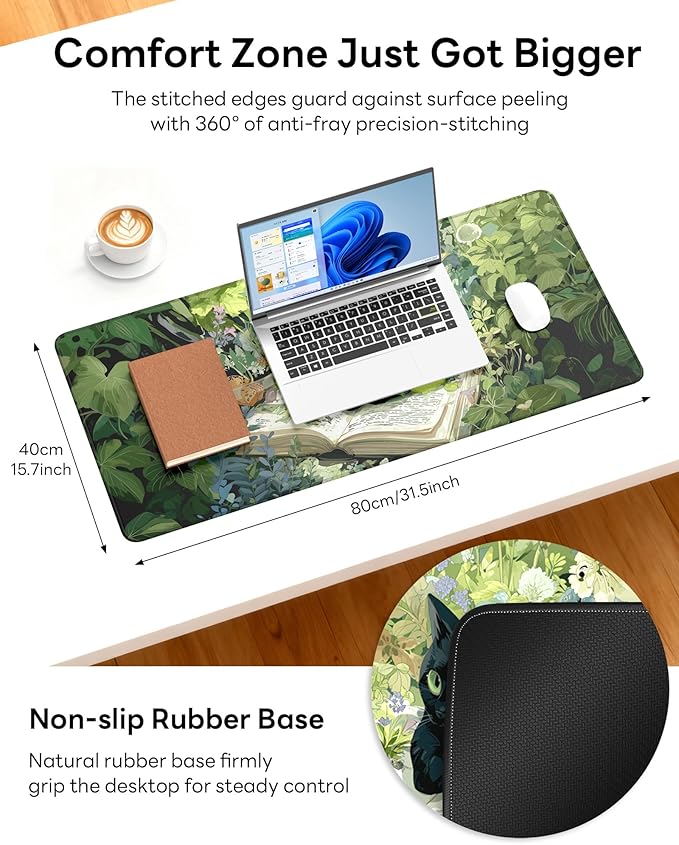 XL Gaming Mouse Pad, 31.5x15.7'' Large Desk Mat with Anti-Slip Rubber Base & Stitched Edges for Gaming, Office, Home - Reading Cat