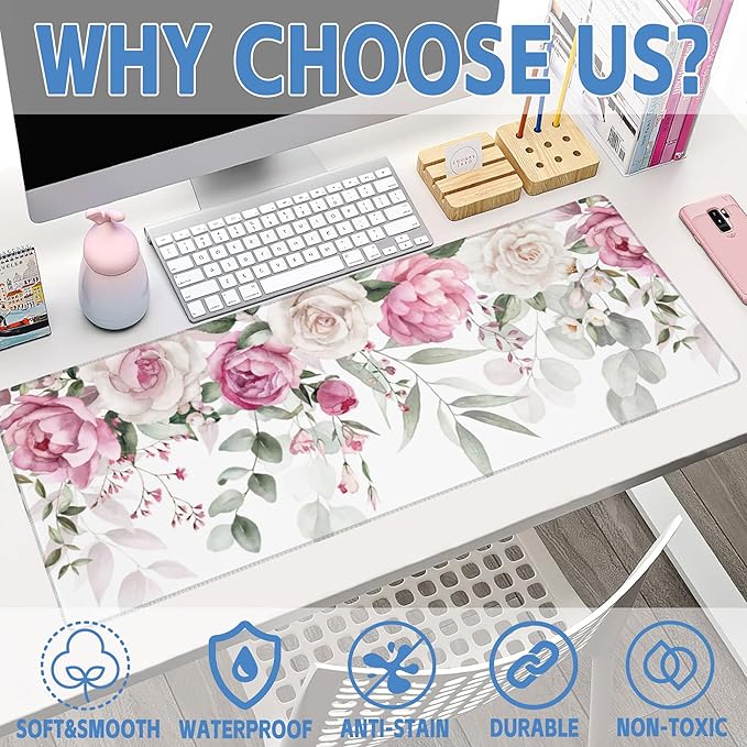 Large Gaming Mouse Pad for Desk,Pink Peony Flowers Eucalyptus Leaves Desk Mat,Watercolor Floral Desk Pad,Extended Big Computer Keyboard Mouse Pad with Non-Slip Base Stitched Edge 31.5"x11.8"