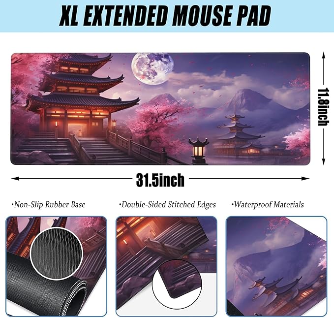 Desk Mat,Pagoda with Cherry Blossoms Large Gaming Mouse Pad for Desk XL,Moon Cherry Blossoms Desk Pad,Extended Big Computer Keyboard Mouse Pad with Non-Slip Base Stitched Edges 31.5"x11.8"
