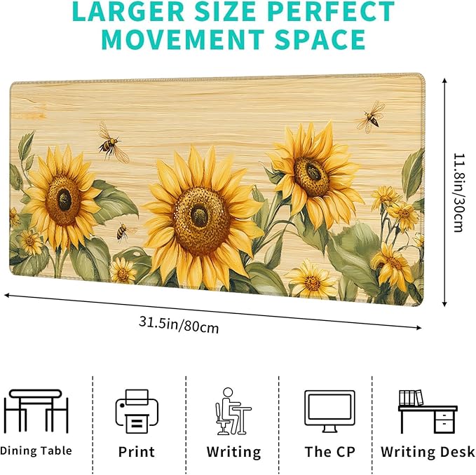 Sunflower and Bee Gaming Mouse Pad – 12x31.5in Non-Slip Rubber Desk Mat with Rustic Floral Design – Large Extended Mousepad for Office Home – Deskmat Gifts for Nature and Country Lovers Decor