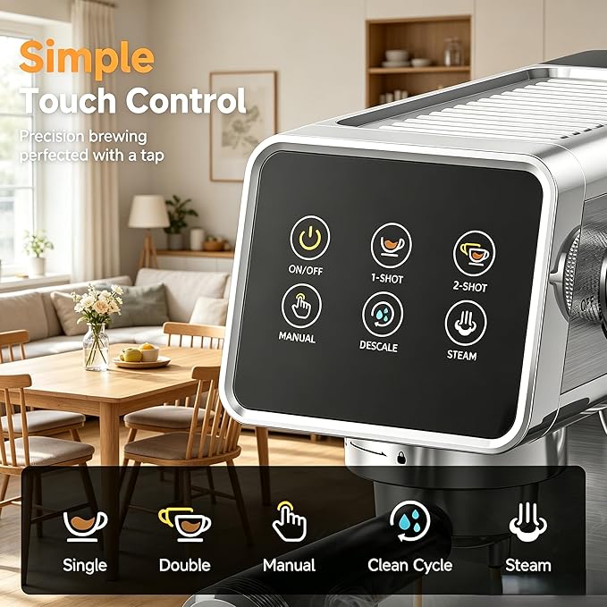 AMZCHEF Espresso Machine 20 Bar, Easy-to-Use Compact Coffee Maker with LED Touchscreen, Self-Cleaning & Milk Frother, Perfect Coffee Starter for Beginners, Lattes and Cappuccinos Machine