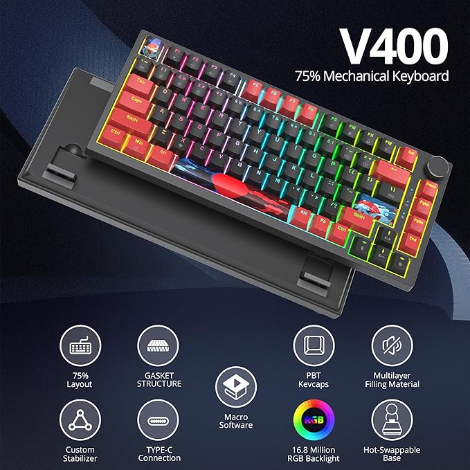 75% TKL Wired Mechanical Keyboard,RGB Backlit Gasket Mount 82 Key Hot Swappable Custom Linear Red Switch Gaming Keyboard with Volume Knob & PBT Keycaps (82 Black)