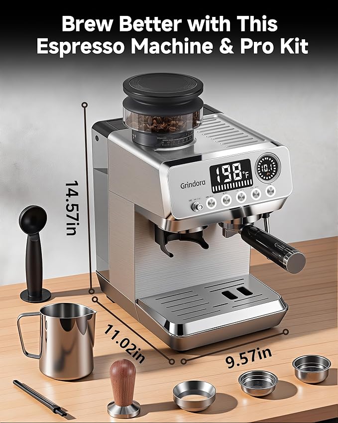 Espresso Machine with Grinder, 20 Bar Stainless Steel Espresso Coffee Machine, 44 Grind Settings, 0.1s Precision Timer, PID Control, Milk Frother for Latte, Cappuccino, Americano & Cold Brew