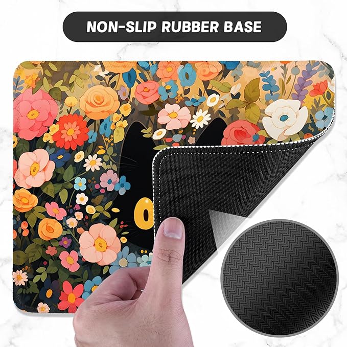 ITNRSIIET Mouse Pad with Stitched Edge Premium Textured Smooth Precise Operation Waterproof Washable Non-Slip Rubber Base Desktop Protection Mat, 10.2×8.3×0.12 inches, Flower Cat