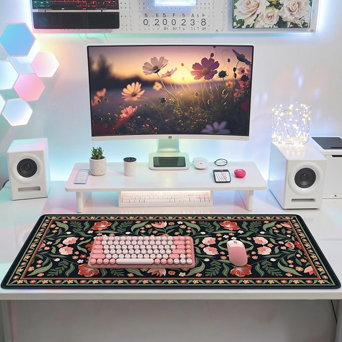 iLeadon Cute Desk Cover Mat, Extended Floral Stitched Edges Desk Pad for Keyboard and Mouse, Soft Large Gaming Mouse Pad, Non Slip Desks Blotter Mat for Office Home (Black)