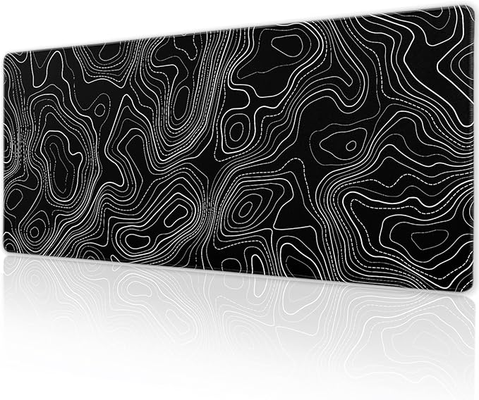 Topographic Map Minimalist Gaming Mouse Pad Desk Mat XL 31.5×11.8 Inch Black Lines Contour Geographic Extended Mousepad 30X80cm with Non-Slip Rubber Base Stitched Edge for Gamer Office Home Work