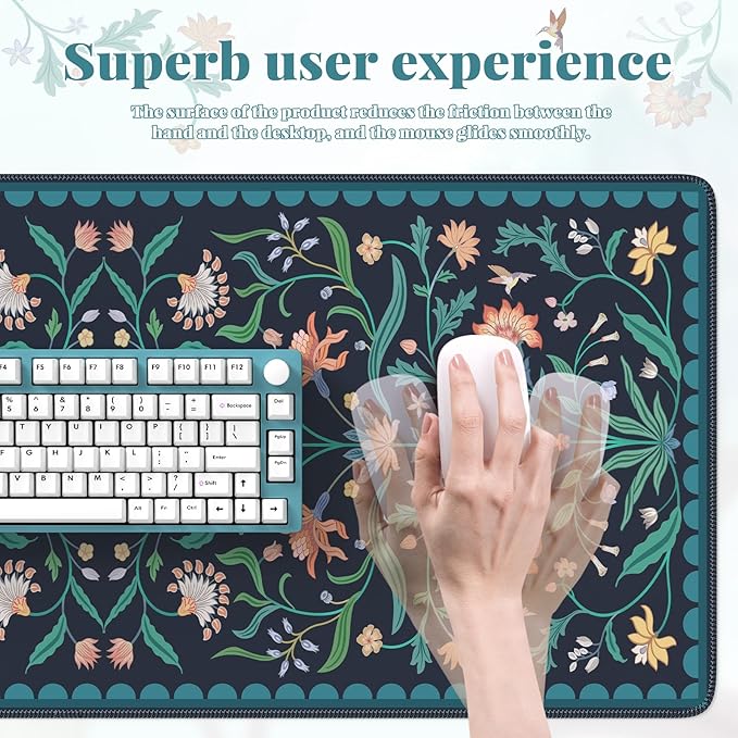 iLeadon Large Mouse Pad for Desk, Computer Cover Mat with Smooth Lycra Surface, Floral Desk Mat for Keyboard for Office, Home, Navy Blue