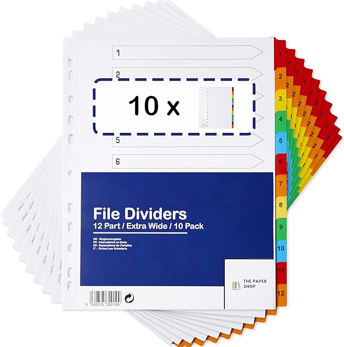 [10 Pack] Binder Dividers with Tabs A4 Extra Wide Numbered 1-12 Tabs | Dividers for 3 Ring Binder | for Organization Pages in 3 Ring Binder Dividers with tabs - The Paper Shop