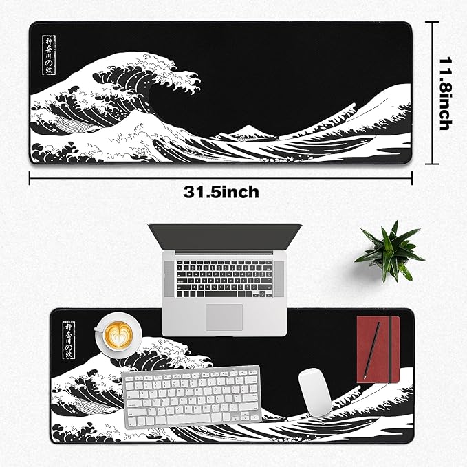 Mouse Pad Gaming - Desk Mat for Keyboard and Mouse - Kanagawa Large Mouse Pads for Desk, Japanese Sea Wave Gaming Mousepad with Non-Slip Base, Desks Pad (31.5" X 11.8") for Game and Office