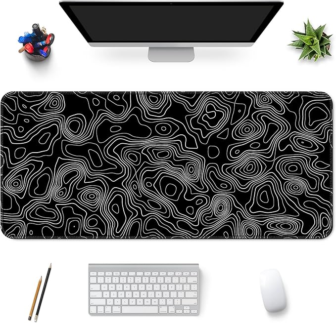 Desk Mat,Large Gaming Mouse Pad 35''×15.6'' XXL Extended Mouse Pad Mat Desk Pad with Non-Slip Base Mousepad for Computer,Office,Keyboard and Laptop - Topographic Black and White
