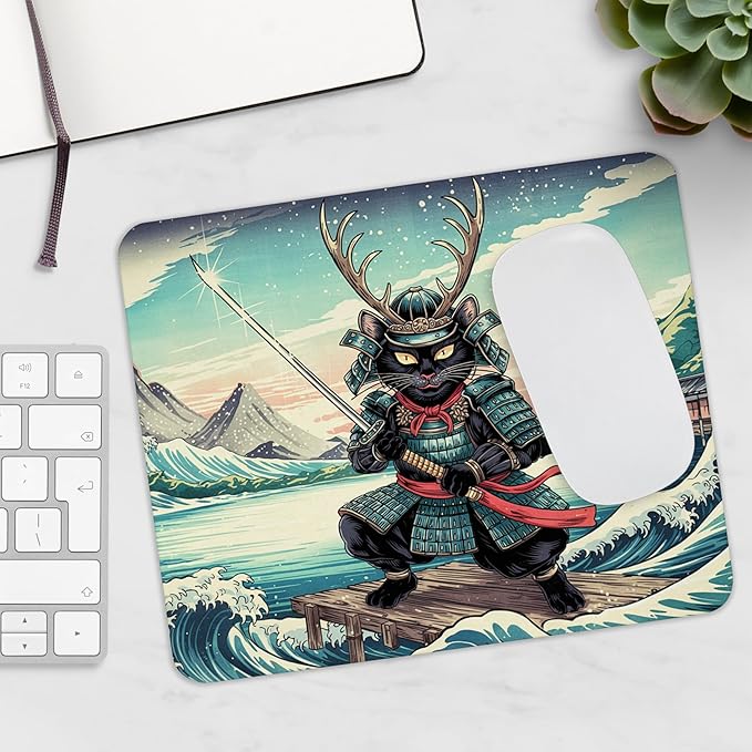 Mouse Pad Cat Samurai Illustration Japanese Funny " Mouse Mat Base Rubber Non-Slip Mat Office Laptop Desk Original Gift Cats