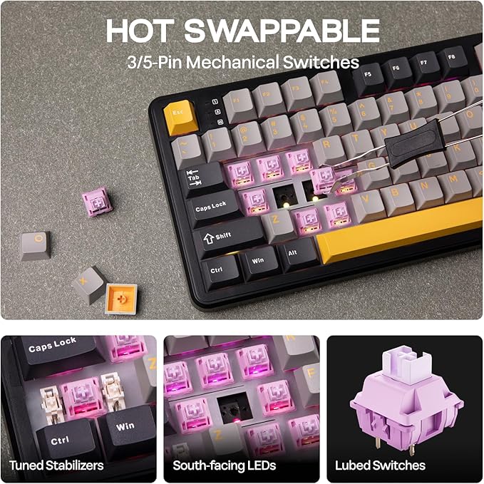 EPOMAKER Aula F108 Wireless Gaming Keyboard, Full Size Mechanical Keyboard with 4000mAh Battery, 108 Hot-Swappable and Programmable Keys, RGB Backlight, for Mac/PC/Android (Grey&Yellow)