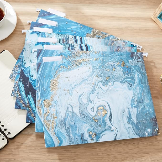 Y YOMA 6 Pack Decorative Hanging File Folders Letter Size Marble Cute Hanging Folder Pretty File Folder Organizer for Filing Cabinet Office Home with 1/5-Cut Adjustable Tabs, 3 Blue Marble Design