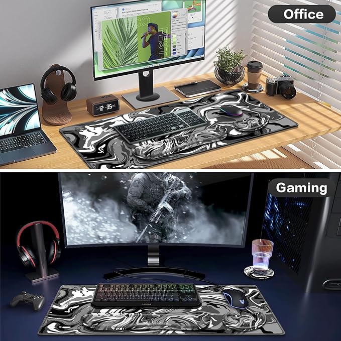 Desk Mat Black, Large Gaming Mouse Pad with Wrist Rest, 4in1 XXL Mousepad+Keyboard Wrist Rest+Mouse Pad Wrist Support+Cup Coaster Set Ergonomic Computer Desk Arm Wrist for Decor Home Office Women