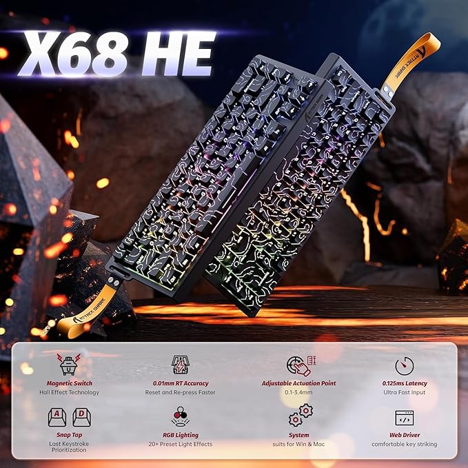 ATTACK SHARK X68 HE Wired Rapid Trigger Mechanical Gaming Keyboard and R1 Mouse with Adjustable Actuation,Coiled Cable,USB C/2.4Ghz Wireless/BT Ultralight 18K DPI Mice for Esport Gamer(Black Contour)