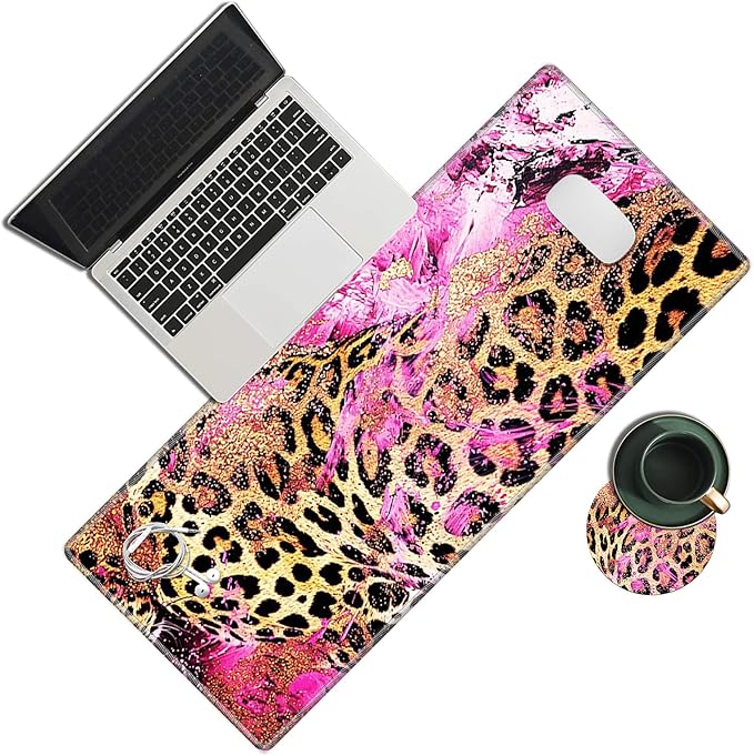 Large Gaming Mouse Pad, Pink Leopard Print Desk Pad, Big Extended Keyboard Mouse Mat with Stitched Edge for Laptop Computer Game Office Home Desk Decor with Coaster ﻿