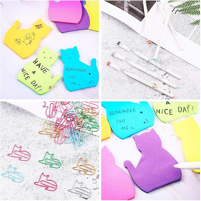 Outus Cat Office Supplies Include 180 Sheets Cute Cat Sticky Notes 60 Pieces Paper Clips and 6 Pieces Kitten Pens Funny Sticky Notepads Stationery for Office School Classroom Supply