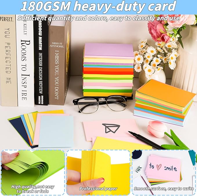 1000 Pcs Colored Index Cards Bulk 4 x 6 Inch Blank Flash Cards 20 Assorted Colors Notecards 180GSM Heavyweight Index Note Cards Portable Note Taking for Studying School College Office Memo