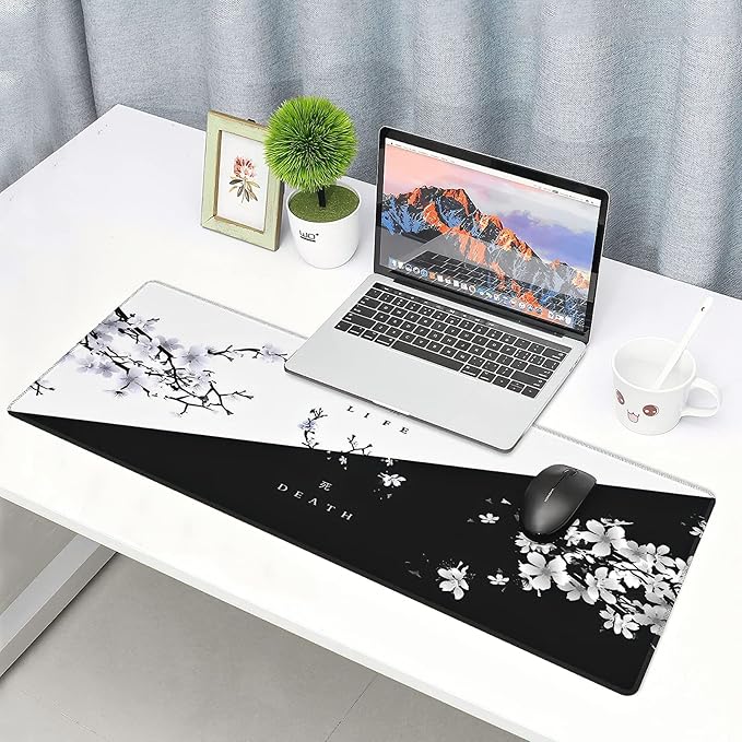 Black White Cherry Blossom Mouse Pad Japanese Sakura Death Life Flower Extended Desk Mat 90X40 CM Non-Slip Rubber Base Stitched Edge Large xxl Playmat for Gaming Laptop Computer Desktop 35.4×15.7 Inch