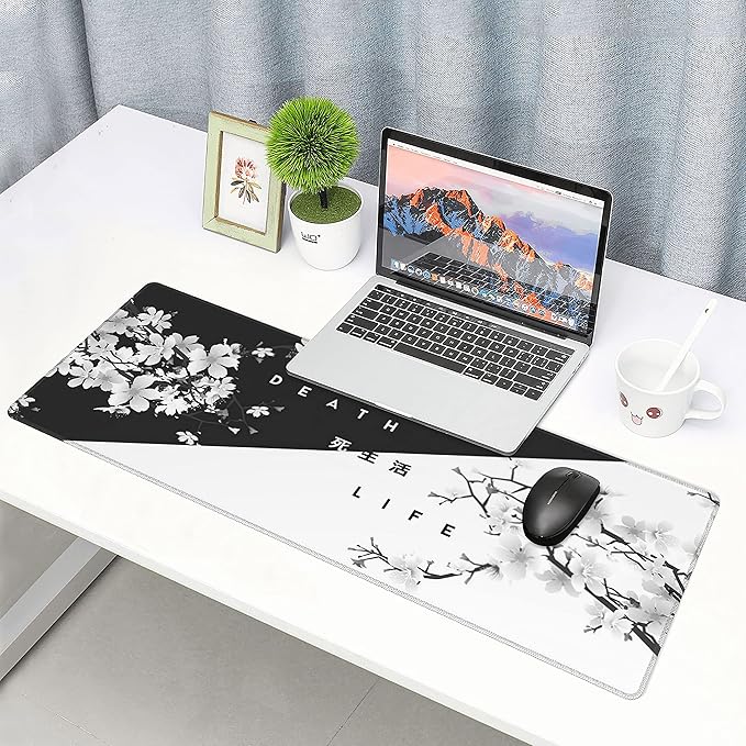 Black White Cherry Blossom Mouse Pad Japanese Sakura Death Life Extended Desk Mat 80X30 cm Non-Slip Rubber Base Stitched Edge Large XL Playmat for Gaming Laptop Computer PC Desktop,31.5×11.8 Inch