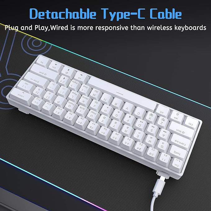 DIERYA 60% Mechanical Keyboard, DK61se Wired Gaming Keyboard with Red Switches, LED Backlit Ultra-Compact 61 Keys Mini Office Keyboard for Windows Laptop PC Gamer Typist（White）