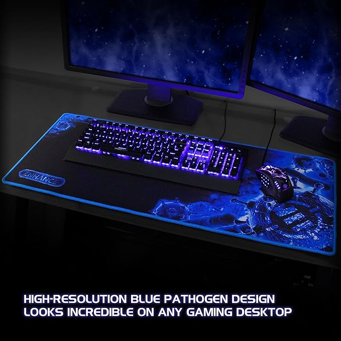 ENHANCE Pathogen Extra Large Gaming Mouse Pad (31.5 x 13.75 in) - Extended Mousepad with Anti-Fray Stitching, Low Friction Smooth Surface, Non-Slip Backing - Full Desk Mouse Mat (Blue)