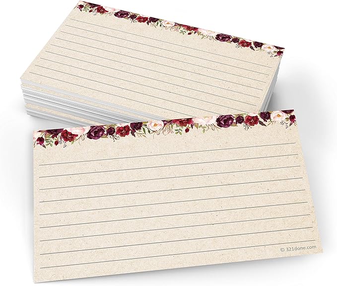 321Done Floral Ruled Index Cards - Made in USA - Small 3x5 (Set of 50), Narrow-Ruled Lined Notecards Double-Sided, Thick Heavy Duty Cardstock, Cute Pretty Flowers Red Roses Rustic Kraft Tan Notes