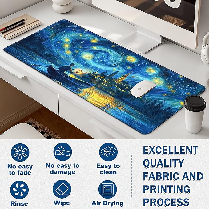 Mouse Pad Gaming - Desk Mat for Keyboard and Mouse - Van Gogh Starry Night Large Mouse Pads for Desk, Desks Pad Mat(35.4" X 15.7") with Non-Slip Base, Gaming Mousepad for Game, Office and Home
