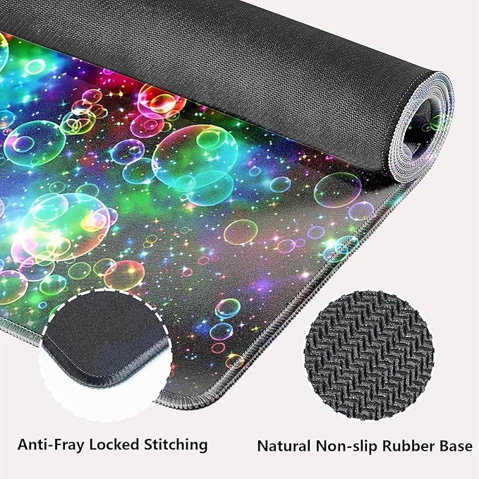 knseva. Large Gaming Mouse Pad with Stitched Edges, Vibrant Rainbow Bubbles and Stars, Anti-Slip Rubber Base & Smooth Fabric Surface XXL Extended Desk Mat