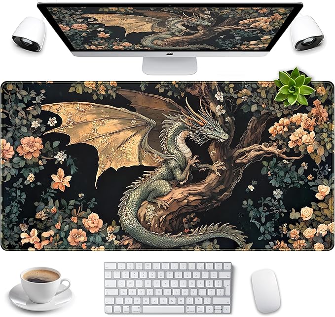 Desk Mat Cute Enchanted Forest Dragon Kawaii Mouse Pad XXL Large Extended Vintage Academia Anime Desk Pad, Cozy Computer Playmat Laptop Keyboard and Mouse Mat with Stitched Edges, 31.5x15.7 in