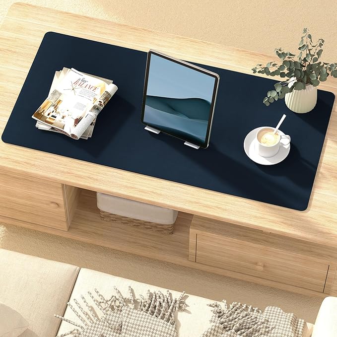 Leather Desk Pad Protector, Mouse Pad, Non-Slip Computer Mat for Desk, PU Leather Office Desk Mat for Home & Office, Waterproof Laptop Desk Blotter for Keyboard and Mouse, Navy (17''X48'')