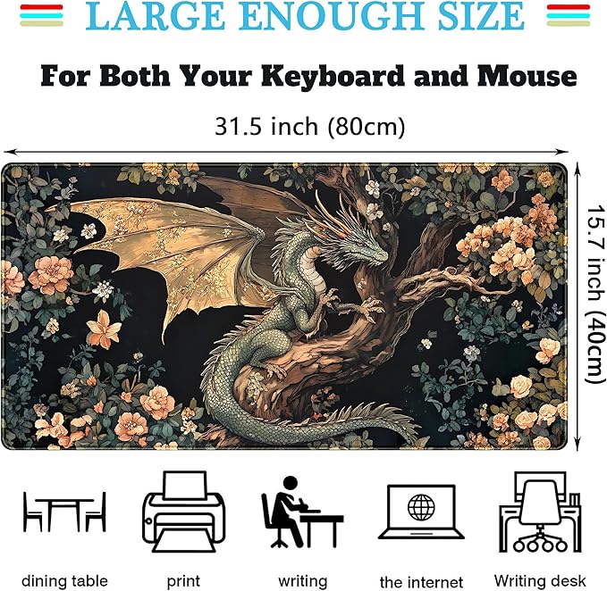 Desk Mat Cute Enchanted Forest Dragon Kawaii Mouse Pad XXL Large Extended Vintage Academia Anime Desk Pad, Cozy Computer Playmat Laptop Keyboard and Mouse Mat with Stitched Edges, 31.5x15.7 in